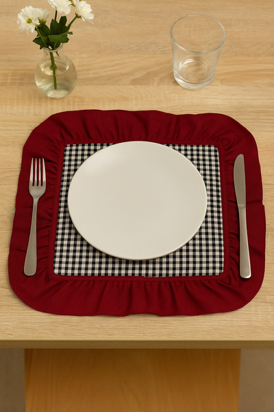 h homerest 1 Adet Kırmızı Fırfırlı Siyah Pötikareli Dikdörtgen Kumaş Amerikan Servis