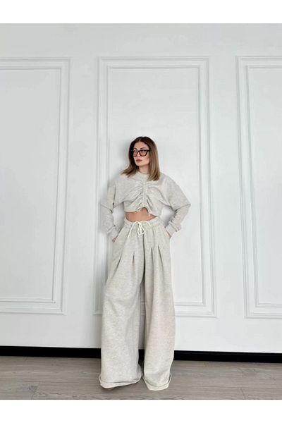 Barış Beauty Long Sleeve Front Drawstring Crop and Trousers Double Set - Gray