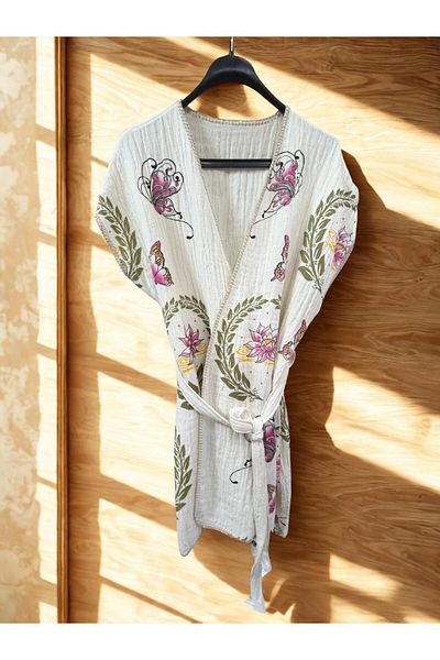 TekStilize Sea Group Butterfly Patterned Kimono (100% Cotton)