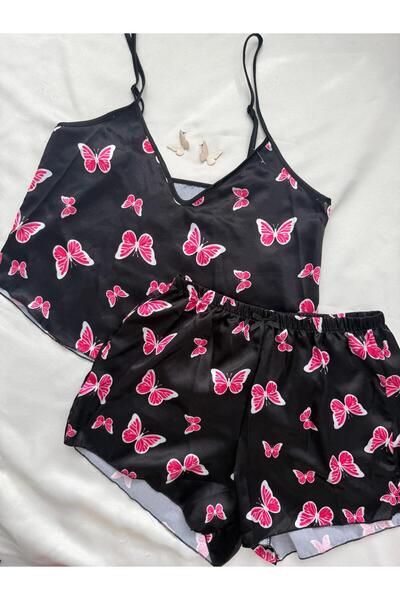 İNKO İÇ GİYİM Set de pijamale cu pantaloni scurți cu bretele reglabile cu model din satin