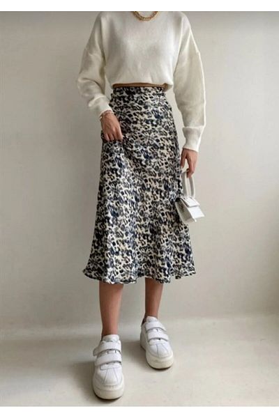 MİSPİER Summer Leopard/Black Patterned Midi Length Satin Skirt