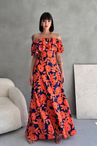 New Now Μακρύ καλοκαιρινό φόρεμα με βολάν με λουλουδάτο σχέδιο με γιακά Madonna σε μπλε ναυτικό πορτοκαλί