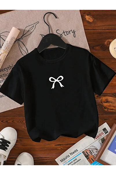 haha Bow Printed Black T-Shirt for Girls