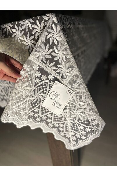 Adige Lez Beyaz Güpürlü Dikdörtgen Masa Örtüsü – 160x220 cm – Şık ve Zarif Ta...
