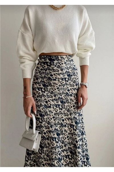 MİSPİER Summer Leopard/Black Patterned Midi Length Satin Skirt