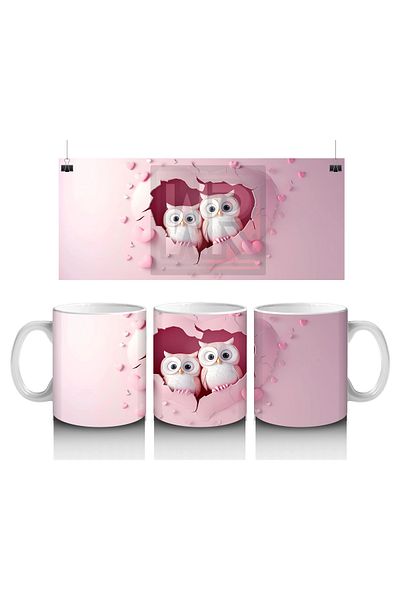 Luluyen Cute Owls Sitting Side by Side on a Pink Cracked Floor - Printed Coffee Mug