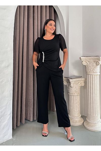 Butik Nilyam Femei Plus Size Decolteu șifon mâneci talie drapat cu detalii de piatră bluză pantaloni fund sus costum 24791