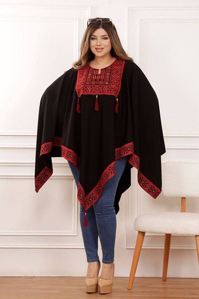 Lyaly aljlabyh "Earth Colors" poncho, elegant design with geometric embroidery and unique motifs, for a modern and comfortable look.