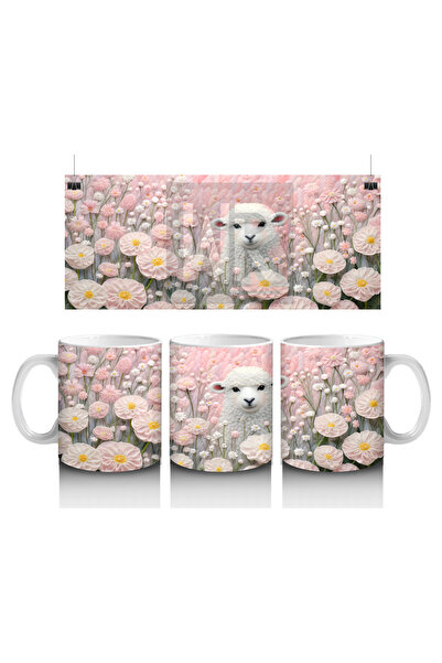 Luluyen White Lamb among Pink Flowers – Spring Themed Mug