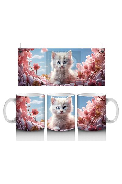 Luluyen Blue-Eyed Cat Sitting among Cherry Blossoms – Printed Coffee Mug
