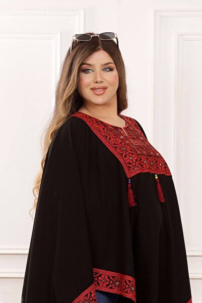 Lyaly aljlabyh "Earth Colors" poncho, elegant design with geometric embroidery and unique motifs, for a modern and comfortable look.
