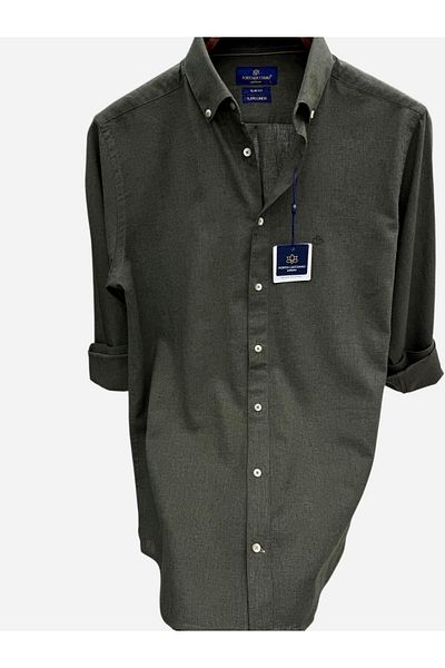 GÖMLEK GALERİSİ Men's Slim Fit Cut Plain Linen Long Sleeve Shirt