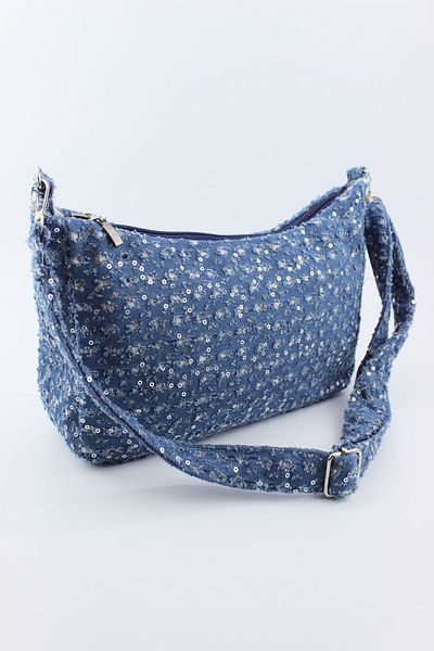 İLKYAZ Țesătură din denim cu model Albastru închis Geantă de umăr pentru femei Baguette de dimensiuni mici 24x13x6 cm