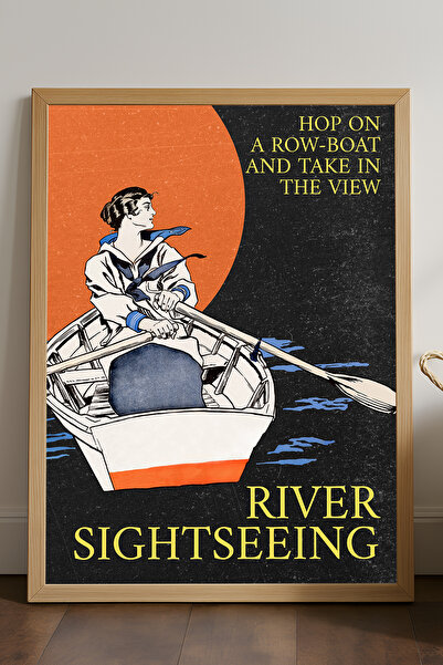 Duvarda Poster cu ramă din lemn natural cu barcă cu vâsle, pictură decorativă...