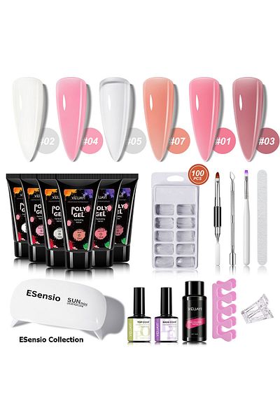 ESensio Set Poly Gel NailKit Collection 17 în 1 - 6 culori Alb, Transparent, Nud, Roz deschis/închis/Roz roz