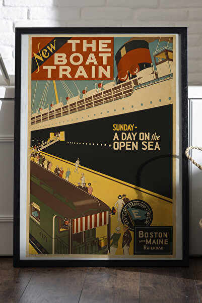 Duvarda Poster cu ramă din lemn negru cu tematică Barcă și Tren, pictură deco...