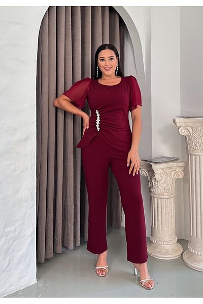 Butik Nilyam Femei Plus Size Decolteu șifon mâneci talie drapat cu detalii de piatră bluză pantaloni fund sus costum 24791