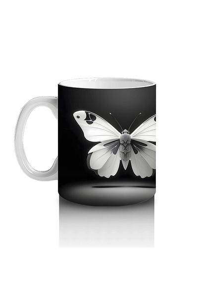 Luluyen Elegant Black and White Butterflies on Black Background – Printed Coffee Mug