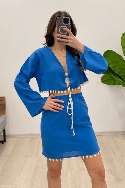 Nazline Women's Mussel Shell Detailed Blouse Skirt Bottom Top 2 Piece Set