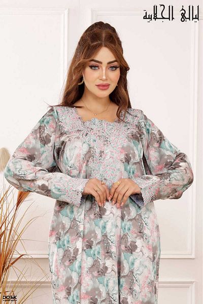 Lyaly aljlabyh Emirati summer mukhawar, silk fabric with an artistic floral pattern and delicate embroidery around the neck, perfect for comfort and everyday elegance.