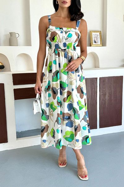 bacc Green Patterned Suspender Gipeli Inner Underskirt Lined Cotton Premium Woven Dress Bccm-253004