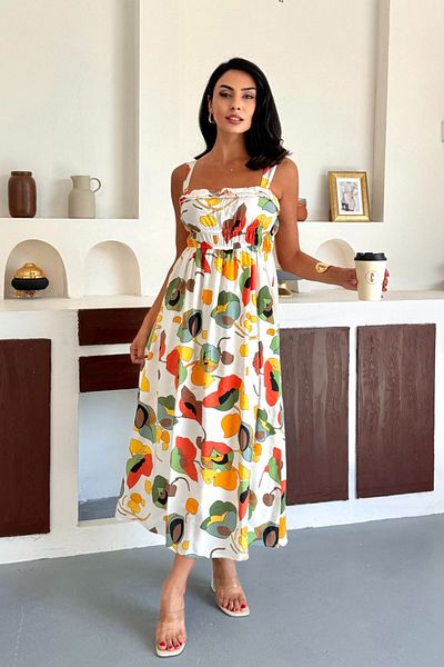 bacc Yellow Patterned Suspender Gipeli Inner Underskirt Lined Cotton Premium Woven Dress Bccm-253004