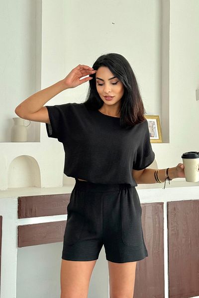 bacc Black Linen Aerobin Woven Bottom Top Shorts Suit Bccm-253000