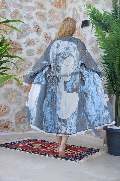 Befera Design Kimono de muselină 100% bumbac pentru femei, cu model, halat de baie jacquard, caftan