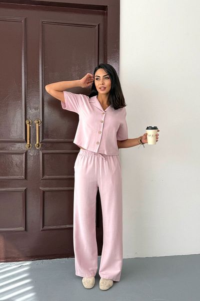 bacc Powder Pink Elastic Waist Pants and Short Sleeve Shirt Cotton Linen Bottom Top Set Bccm-253001