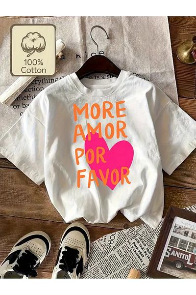 AEMİ Unisex More Amor Por Favor Printed Oversize Crew Neck T-Shirt
