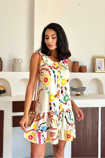 bacc Yellow Wide Collar Skirt Flounced Cotton Premium Patterned Woven Shirt Dress Bccm-253006