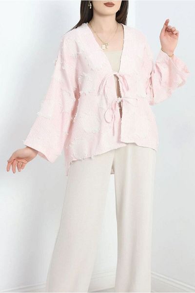 MODA Striped Tassel Detailed Tie-Up Kimono Jacket