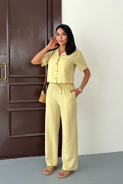 bacc Butter Yellow Elastic Waist Pants and Short Sleeve Shirt Cotton Linen Bottom Top Set Bccm-253001