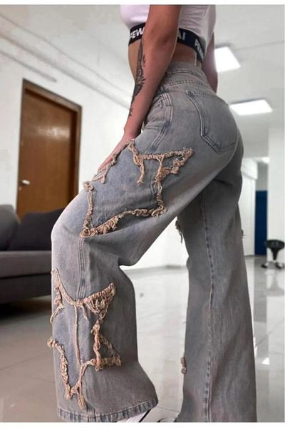 komera Snow Wash Baggy Retro Star Detail Unisex Jean Pants