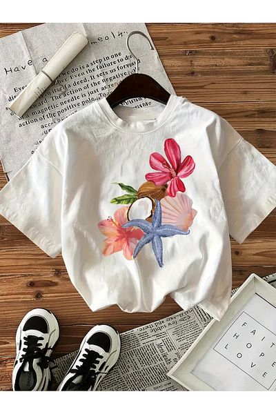 AEMİ Unisex Seashell Starfish Printed Oversize Crew Neck T-Shirt