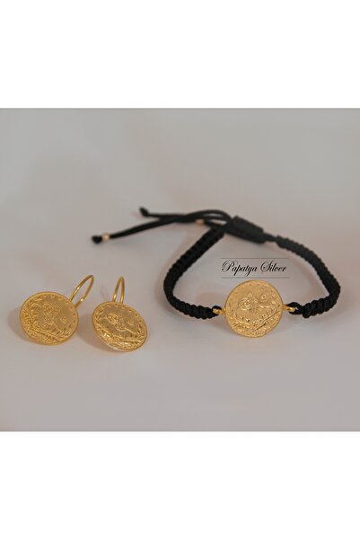 Papatya Silver 925 AYAR GOLD 14K Renk Tuğra Bileklik Küpe Set