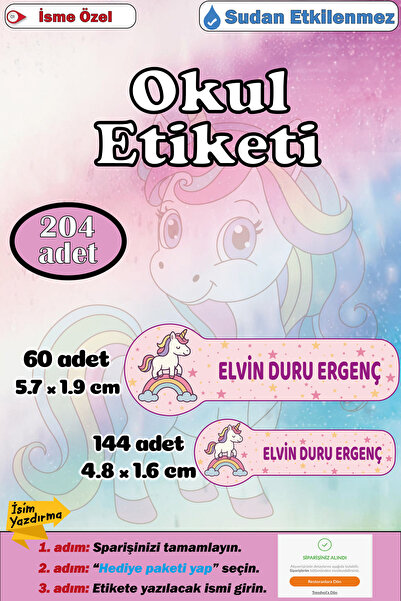 GSticker İsme Özel Okul Etiketi Kalem Defter Etiketi Sticker Kız Çocuk Unicor...