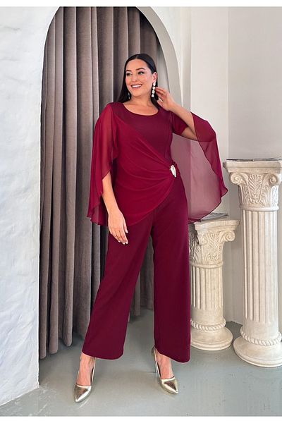 Butik Nilyam Salopetă de seară pentru femei, mărime mare, cu decolteu, cu mâneci din șifon, cu detaliu de broșă 24851