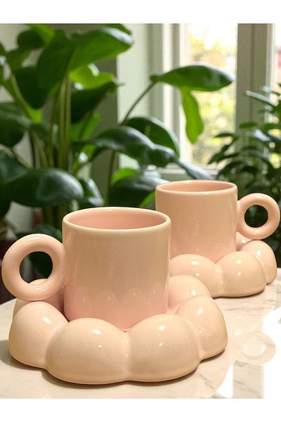 Yumuk Shop 4 Piece Puffyl Series Pink Coffee Cup Set for 2 People