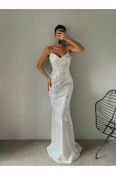 ADASTYLE Strap Sequin Velvet Dress, Trend, Special Occasion, Fish Evening Dress, with Tie at the Back and Zipper