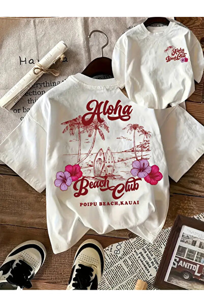 AEMİ Unisex Aloha Beach Club μπλουζάκι με στάμπα Oversize Crew Neck