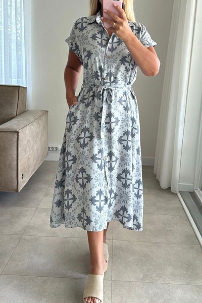 AYASOFYA OTANTIK Rochie cămașă cu model etnic retro alb pentru femei, cu buzunare, lejeră, cu croiala confortabilă