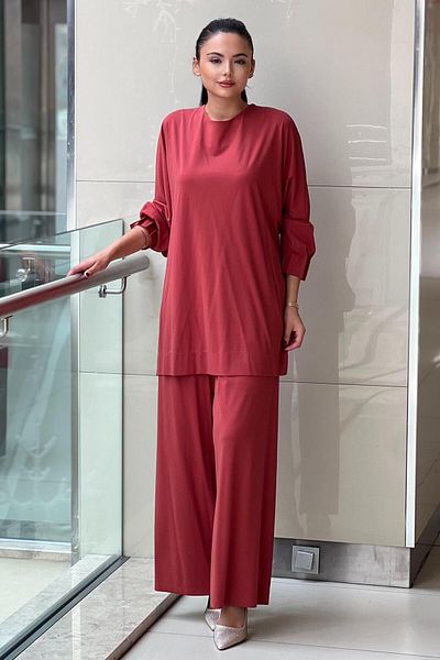 Mahal Crochet Knitwear Rib Detailed Tunic Trousers Set