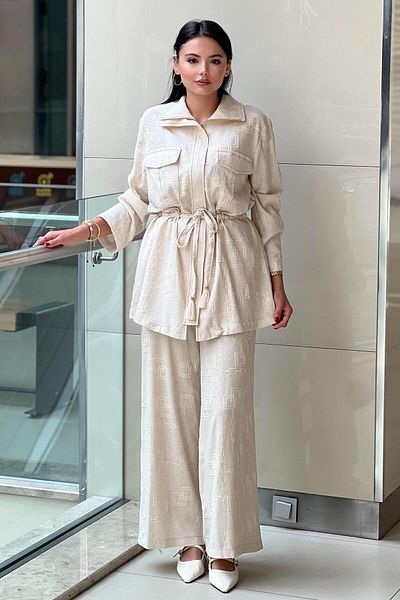 Ghisa Embroidered Patterned Linen Suit with Drawstring Waist and Pockets