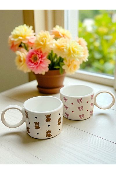 Yumuk Shop 250 ml Mug Set with Bow and Teddy Bear Pattern for 2 People