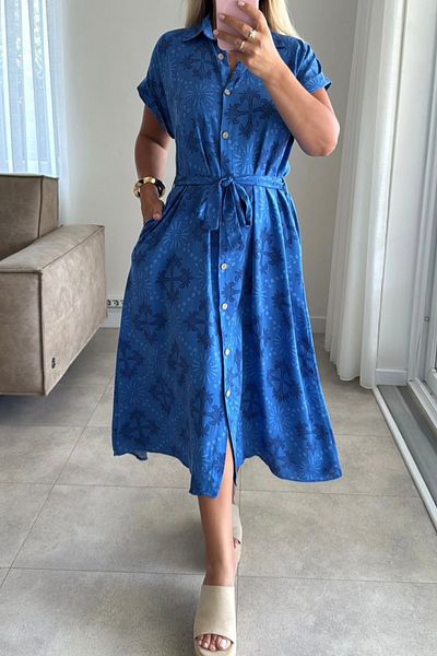 AYASOFYA OTANTIK Women's Blue Ethnic Retro Patterned Loose Relaxed Fit Shirt Dress with Pockets