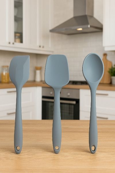 TARIK HOME طقم ملاعق سيليكون 3 قطع، 21 سم، طرف صلب، مقاوم للحريق، غير لاصق، مقاوم للحرارة، 3 خيارات للألوان