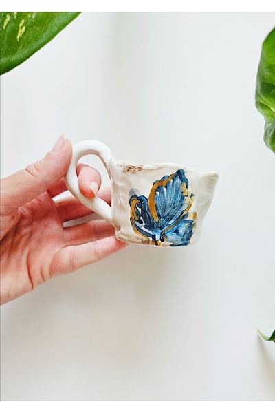 WEBBMODA Vintage Cup with Blue Flower Handmade