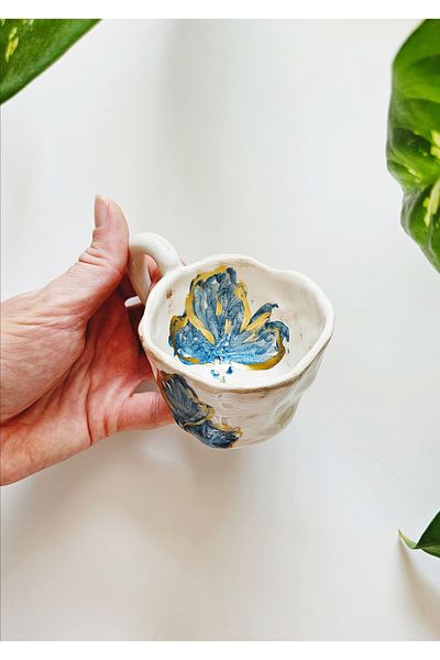 WEBBMODA Vintage Cup with Blue Flower Handmade