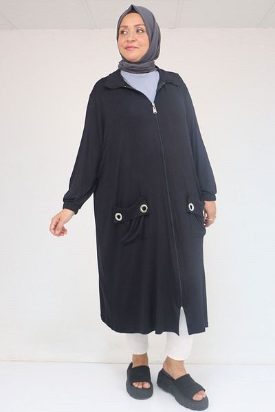 Eslina 53015 Large Size Zippered Combed Cotton Jacket - Dark Navy Blue
